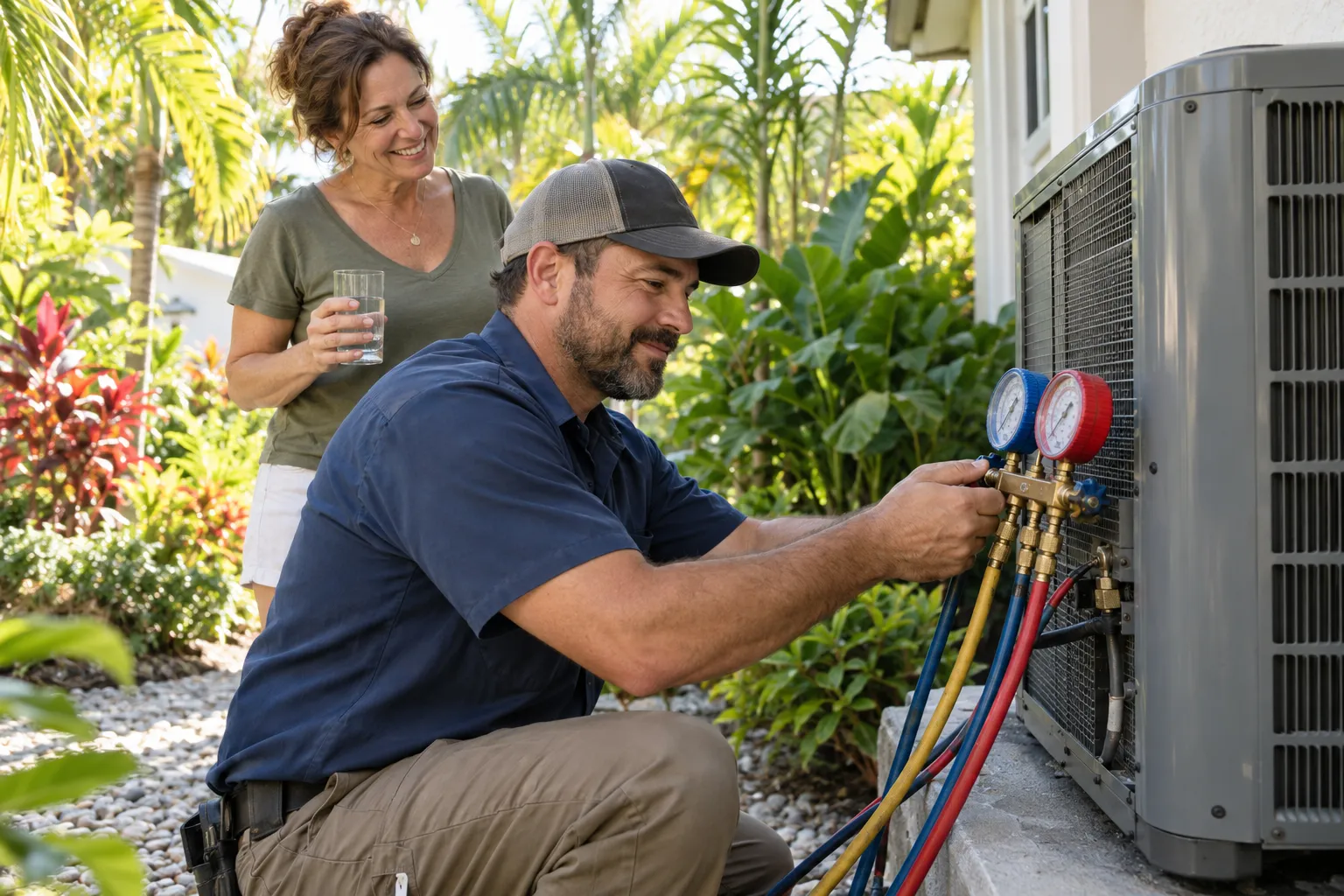 Provider checking an outdoor AC unit at a home in the Miami area